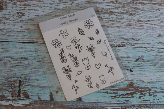 Stickerbogen mit handgezeichneten floralen Motiven – Blumen, Zweige, Tulpen und kleine Herzen in Schwarz-Weiß zum Selbstgestalten und Ausmalen